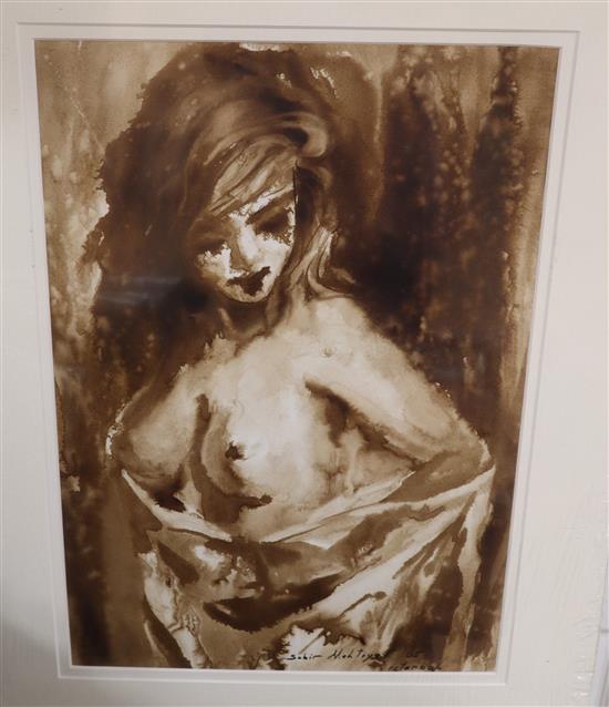 Sabir Mehtiyer (Turkish), monochrome watercolour, Female nude, signed and dated 05, 47 x 33cm, unframed